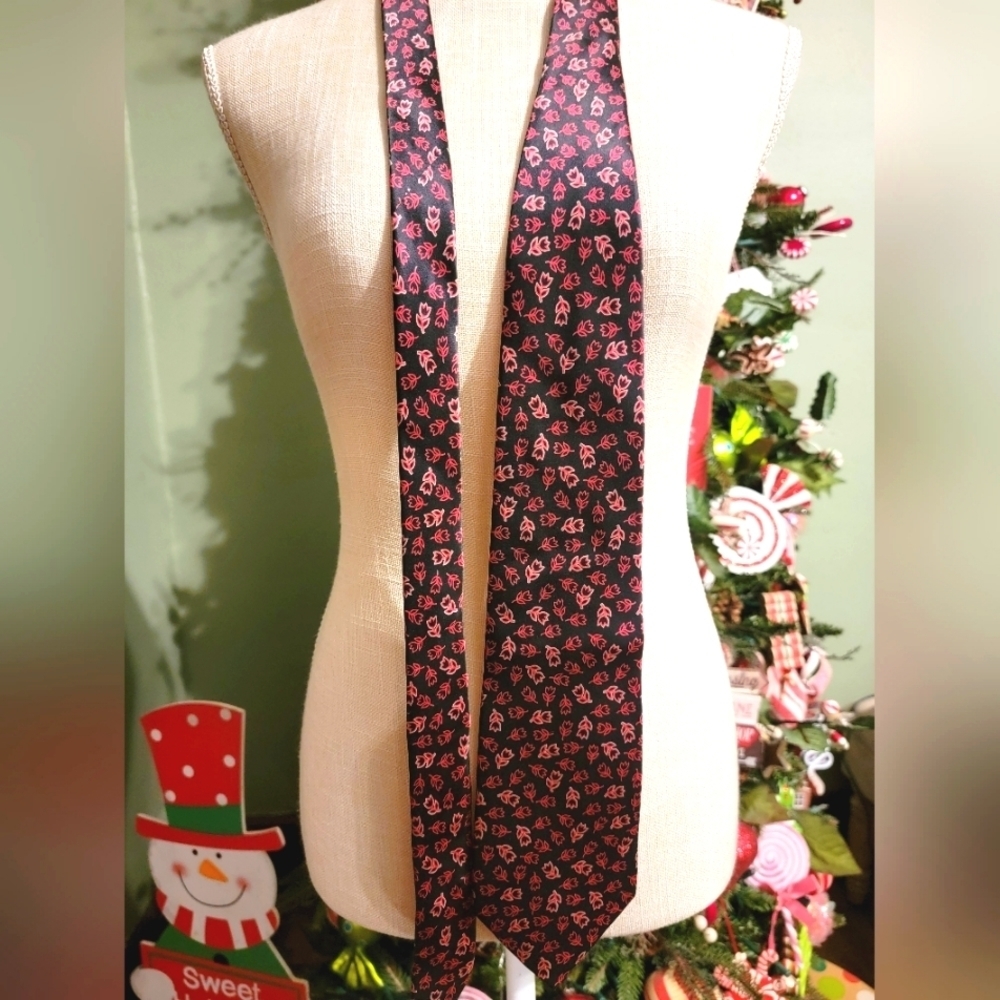 Vintage Ted Lapidus Red and Black Tie with Flower Print 100% Silk Men Gift